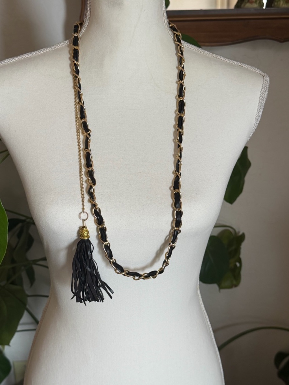 Vintage Black & Leather Gold Tone Chain Tassel Long Necklace